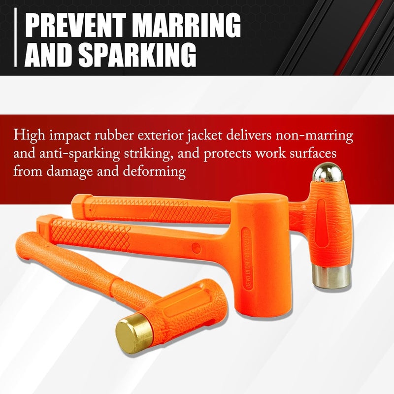 ct 3-Pieces Dead Blow Hammer Set, Brass Hammer, Ball-Peen Hammer, and Dead Blow Hammer,Orange,Shockproof Design, No Rebound Hammer, Unibody Molded Checkered Grip, Spark and Rebound Resistant - Image 2